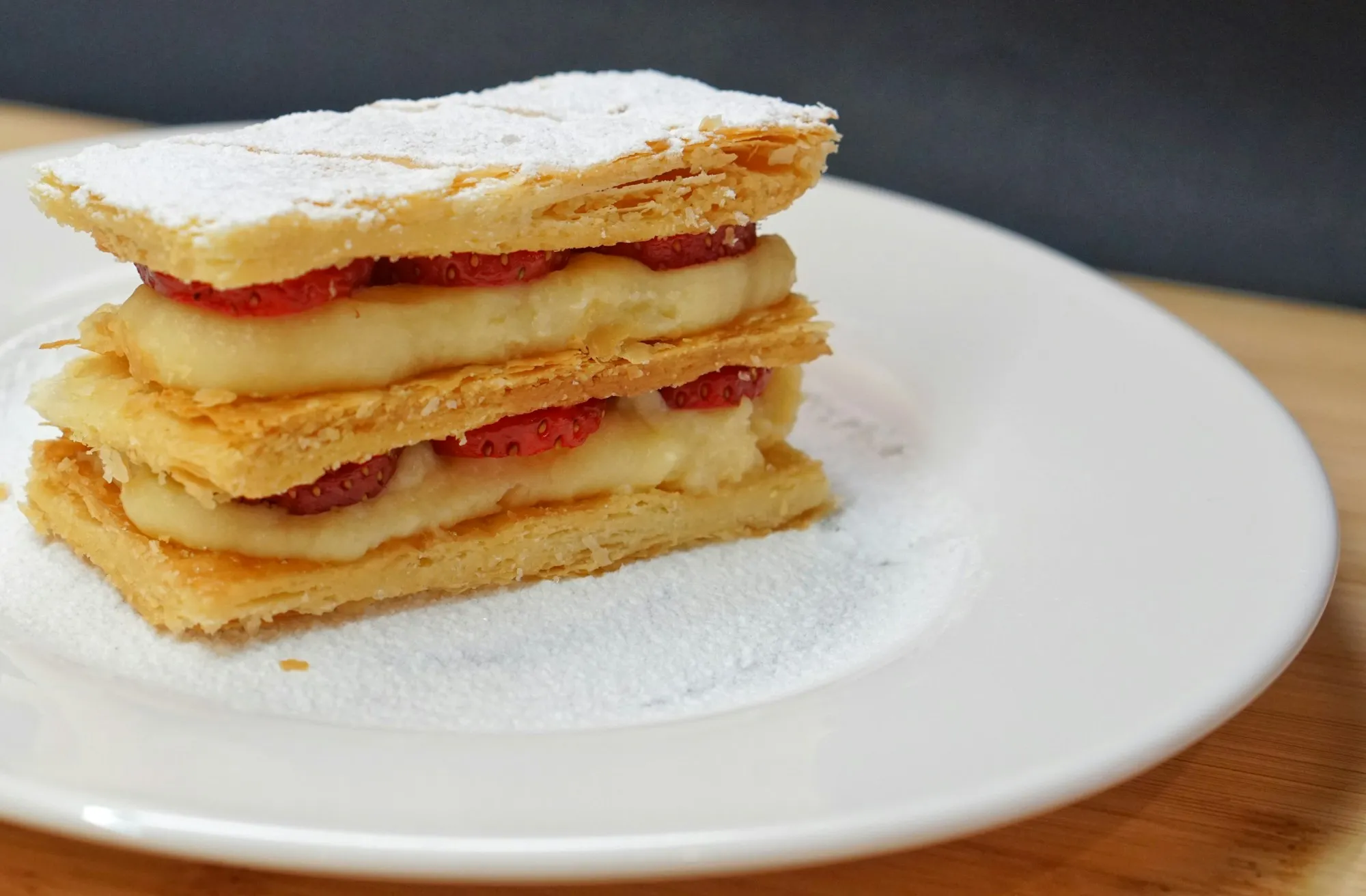 A classic mille-feuille dusted with icing sugar